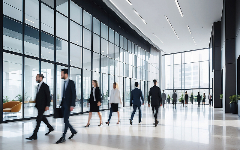 Corporate professionals walking through modern office building lobby.